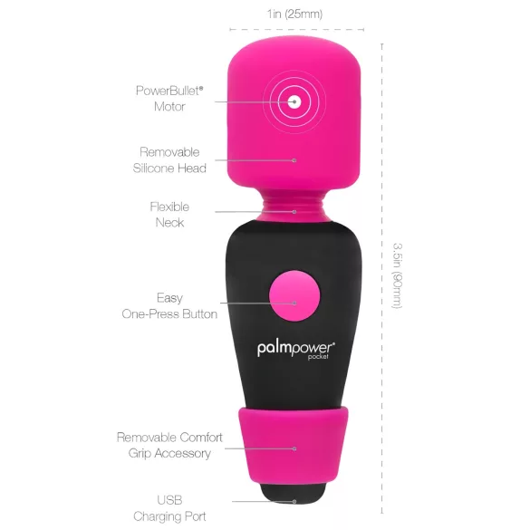 PalmPower Pocket Wand - mini vibraator massaažiks - roosa-must