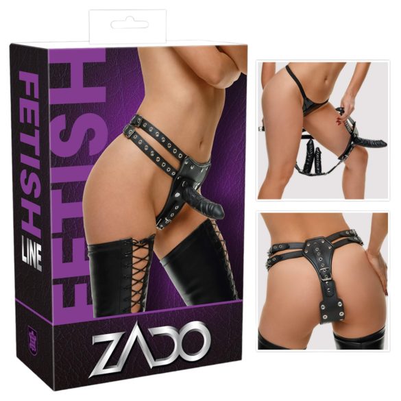 ZADO - nahkne rihma ja 2 sisemist dildot (must) - L/XL