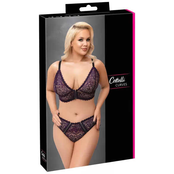 Cottelli Plus Size - läbipaistev mustriga rinnahoidja komplekt (lilla) - 2XL