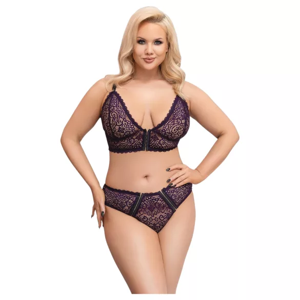 Cottelli Plus Size - läbipaistev mustriga rinnahoidja komplekt (lilla) - 2XL