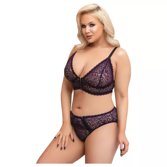 Cottelli Plus Size - läbipaistev mustriga rinnahoidja komplekt (lilla) - 2XL