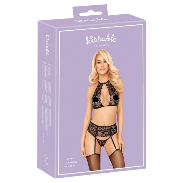 Suudeldav - kaelarihmadega pitsiline rinnahoidja komplekt (must) - L/XL
