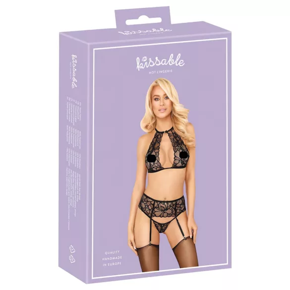 Suudeldav - kaelarihmadega pitsiline rinnahoidja komplekt (must) - L/XL