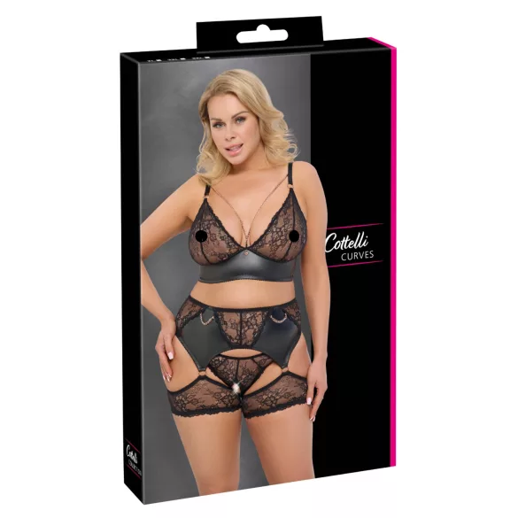 Cottelli Curves - naiste pesukomplekt pitsi ja kunstnahaga - must - 2XL