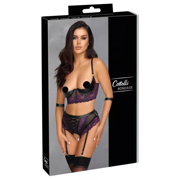 Cottelli Bondage - rinnahoidja komplekt ja käeraudadega (must-lilla) - L