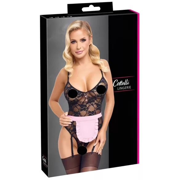 Cottelli - läbipaistev teenijatüdruku kostüüm - must-roosa - XL