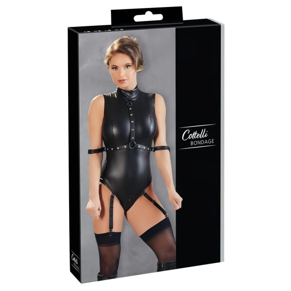 Cottelli Bondage - varrukateta läikiv body ja käeraud (must) - M