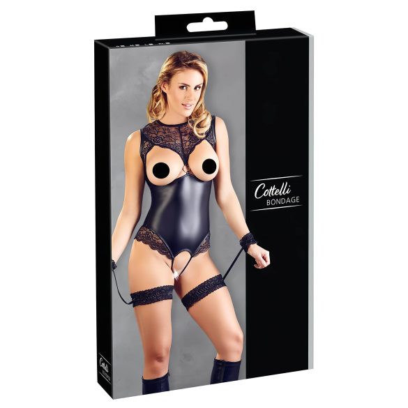 Cottelli Bondage - läikiv avatud body ja käeraud (must)