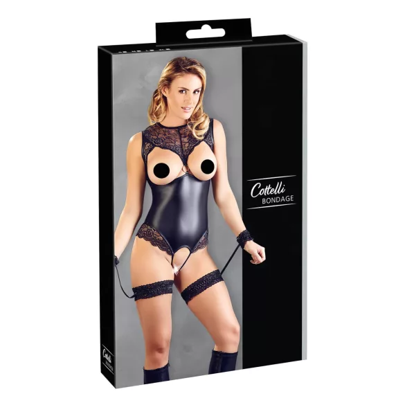 Cottelli Bondage - lakknahatest bodi ja käeraudadega - must - XL