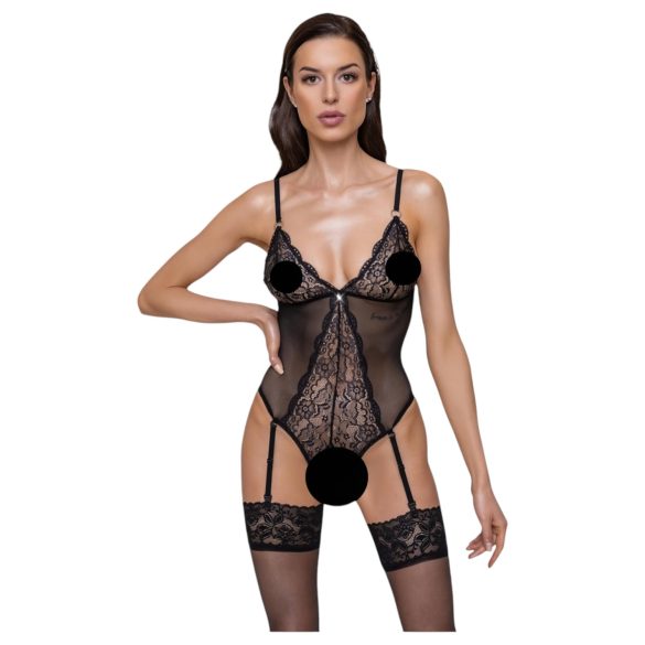 Cottelli - pitsiline avatav body ja sukahoidja (must) - M
