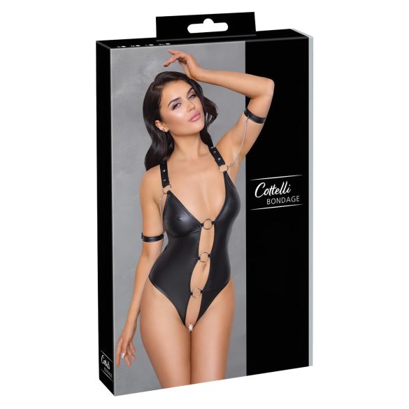 Cottelli Bondage - läikiv rõngastega avatud body (must) - M