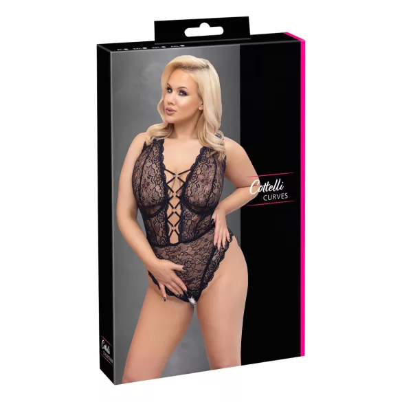 Cottelli Curves Plus Size - läbipaistev mustriga bodi - must - suured suurused - 90D/XL