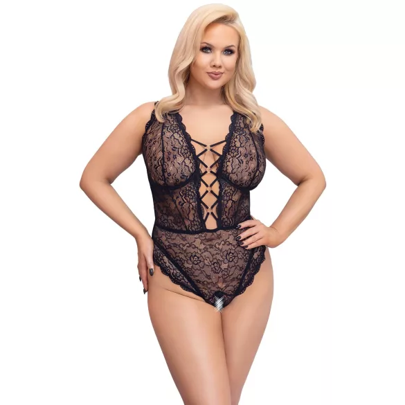 Cottelli Curves Plus Size - läbipaistev mustriga bodi - must - suured suurused - 90D/XL