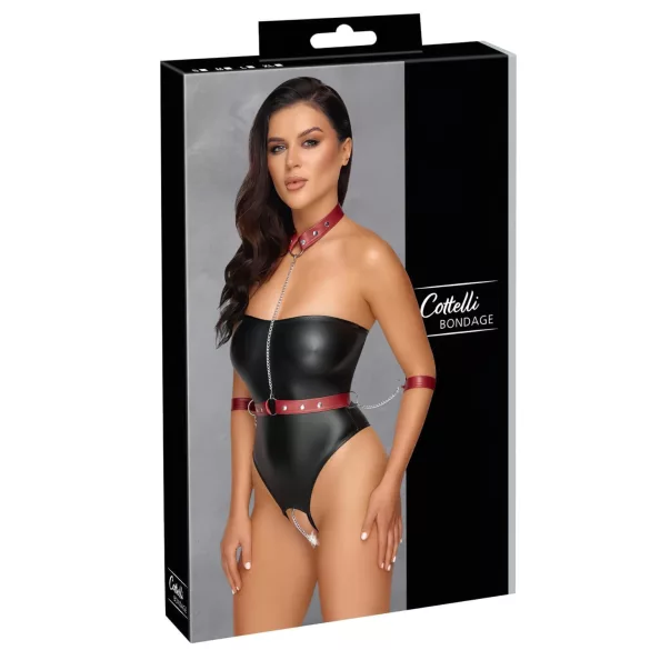 Cottelli Bondage - läikiv bodi + käe- ja kaelakinnitused (must)