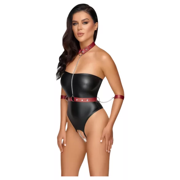Cottelli Bondage - läikiv bodi + käe- ja kaelakinnitused (must)