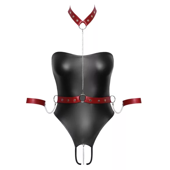 Cottelli Bondage - läikiv bodi + käe- ja kaelakinnitused (must)