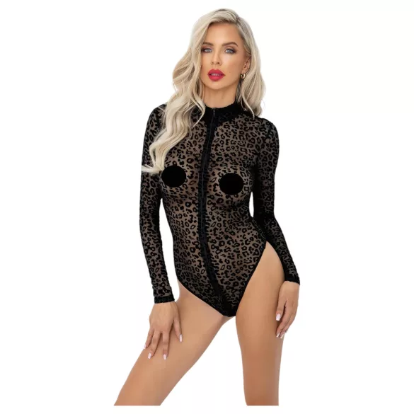 Noir - leopardimustriga, pikkade varrukatega body (must) - M
