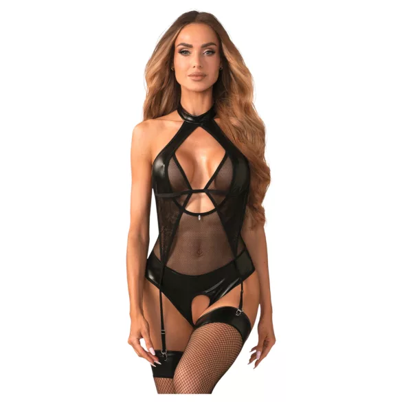 Obsessive Dominna - läbipaistev läikiv body - must - L/XL