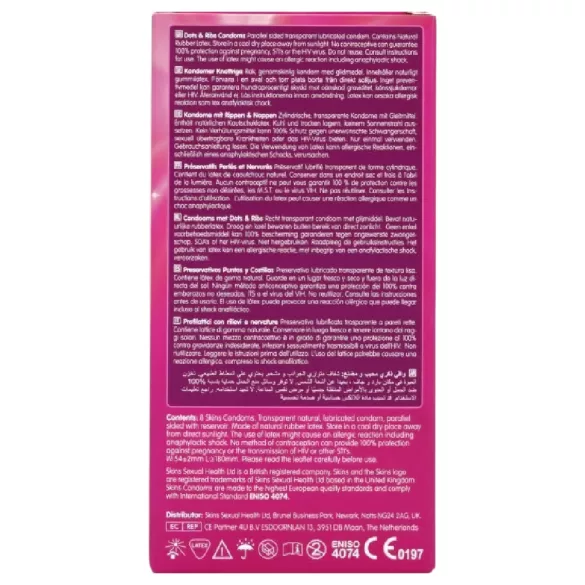 Skins - tekstuuriga kondoomid - sooneline ja täpiline - 8 tk