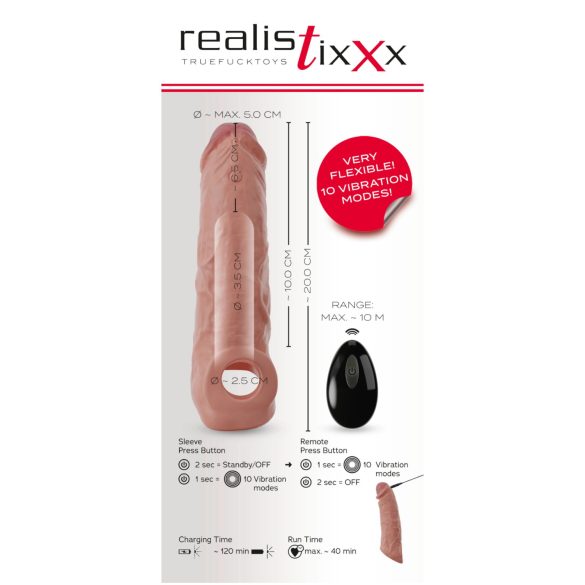 Realistixxx - vibraatoriga peenisehülss - puldiga - naturaalne 20cm