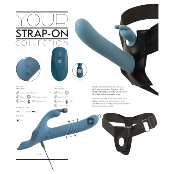 You2Toys - 3-osaline rihmaga jänku-tüüpi tõukevibraator puldiga (sinine)