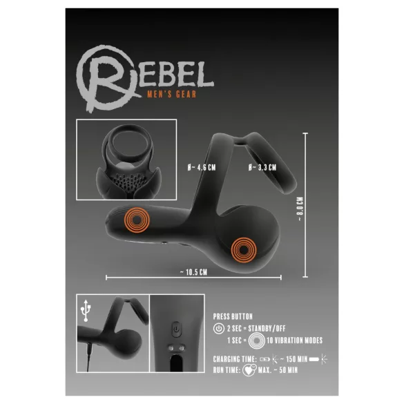 Rebel - vibratsiooniga munandi- ja lahkliha‑stimulaatoriga peeniserõngas (must)