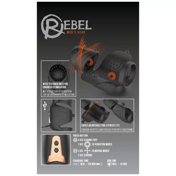 Rebel - liikuva sugutipea stimulaatoriga peenisvibraator meestele (must)