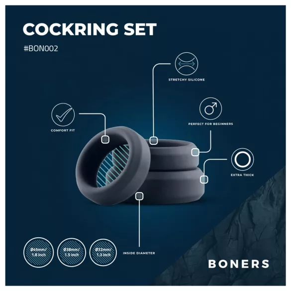 Boners - silikoonist peeniserõngaste komplekt - 3 tk - hall