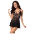 Obsessive 838-BAB-1 - läbipaistev pitsist babydoll komplekt (must) - 2XL/3XL